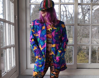 90s Vintage Bright Colorful Silk Mardi Gras Blazer/Fleur De Lis Print/Flora Kung Long Jacket/Medium