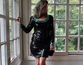 90s Vintage Black Sequin Party Dress W Emerald Neckline/Sexy Body Con Holiday Party Dress/Flashy Glam Nineties Night Line LBD/M