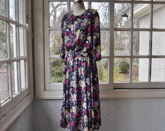 Floral Blouson Midi Dress/Vintage 80s 90s/Grunge Romance Cottagecore/Stuart Allen Belted Garden Party  Dress/M