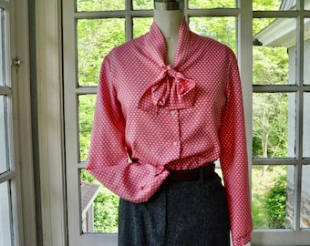 Pink Polka Dot Tie Neck Blouse/Vintage 1960s 70s/Silky Knit Button Front Bow Secretary Blouse/Ship N Shore/Medium