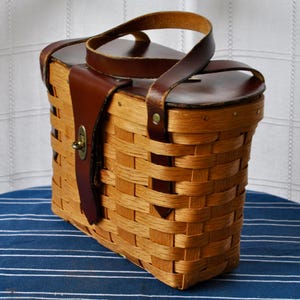 Vintage 1960s 70s Hand Woven Split Wood Bag, Leather Handle: Basket Style Summer Bag