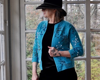50s Vintage Gene Shelley Teal Blue Wool Knit Cardigan Sweater/Beaded Evening Jacket Shrug/Gold & White Floral Sprays/S