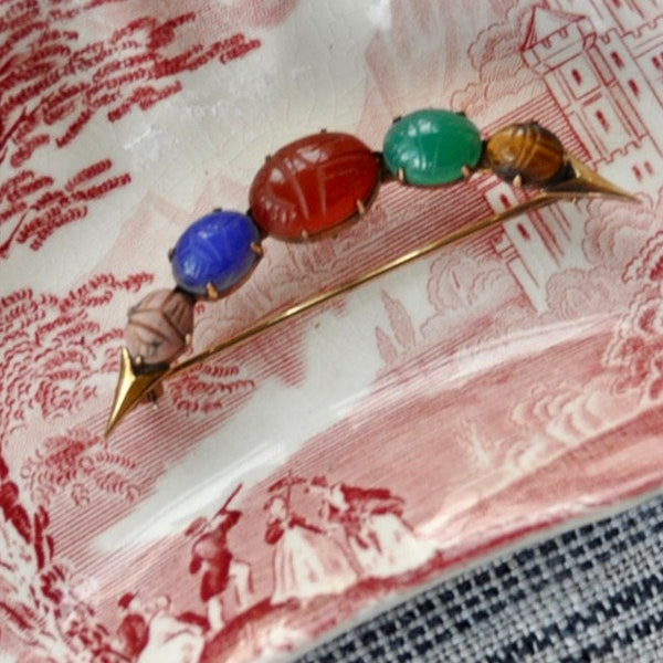 Vintage WRE Richards Crescent Pin/Semi Precious Multi Gemstone Scarabs/W Vintage Royal Staffordshire Jenny Lind Pottery Pin Dish