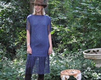 Smoky Blue Fringed Sweater Dress/Vintage 1990s/Panache Handwoven Tunic W Fringe/Artsy Boho Cowgirl/S M