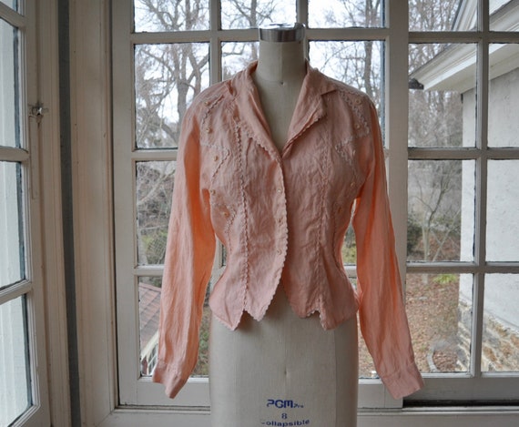 Sweet Peach French Linen Blouse/Vintage 80s/Butto… - image 3