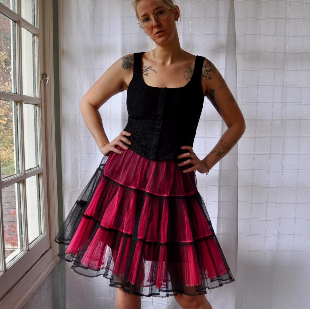 Vintage 90s Tripp NYC Tulle Skirt: Goth Punk Hot Pink Black, Metal