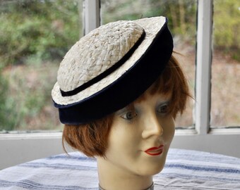 Adorable Vintage 1940s White and Blue Straw and Velvet Hat/Tilt Top Hat/Easter Bonnet