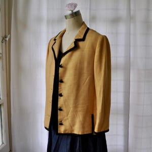 Vintage 1950s Adele Simpson Summer Jacket: Heavy Duty Linen, Gold Wheat, Black Satin Piping (M)