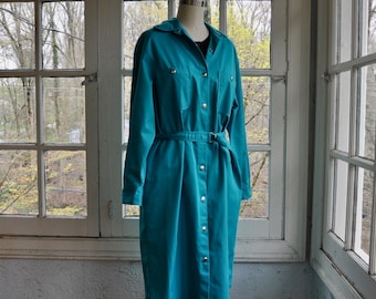 Turquoise Blue Cotton Chino Midi Dress or Duster/Vintage 1980s 90s/Utilitarian Silver Snap Front Chaus Shirtdress/Large