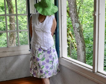 Vtg 70s Bird Print Vested Gentress Cotton Skirt/Novelty Parrot Print/Purple Green White/Size 8