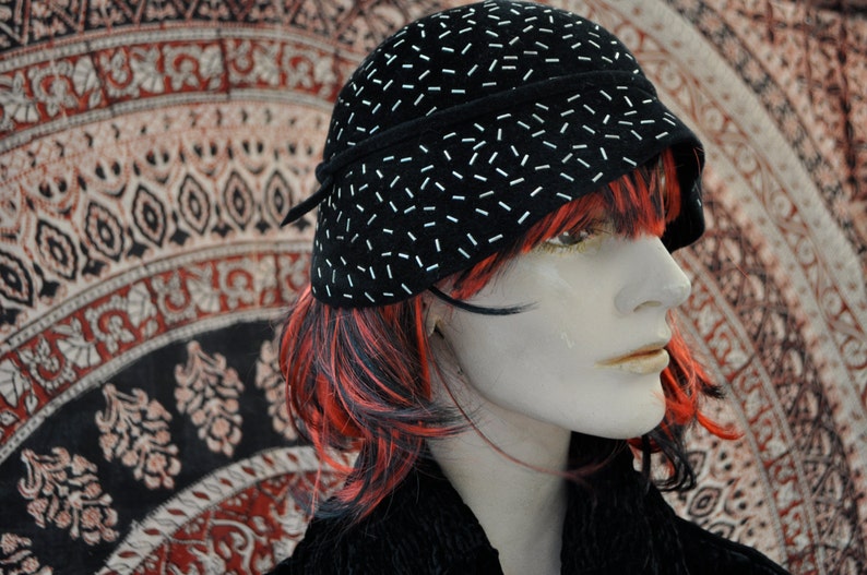 Black Cloche With Staple Studs/Vintage 1950s/DesignerEvelyn Varon/Felted Wool Hat With Silver Metal image 1