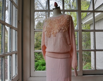 Peachy Pink Knit Statement Sweater/Vintage 1980s/Embellished W Ribbons, Rosettes, Pearls/Santana Style Silky Knit/M L