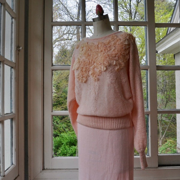 Peachy Pink Knit Statement Sweater/Vintage 1980s/Embellished W Ribbons, Rosettes, Pearls/Santana Style Silky Knit/M L