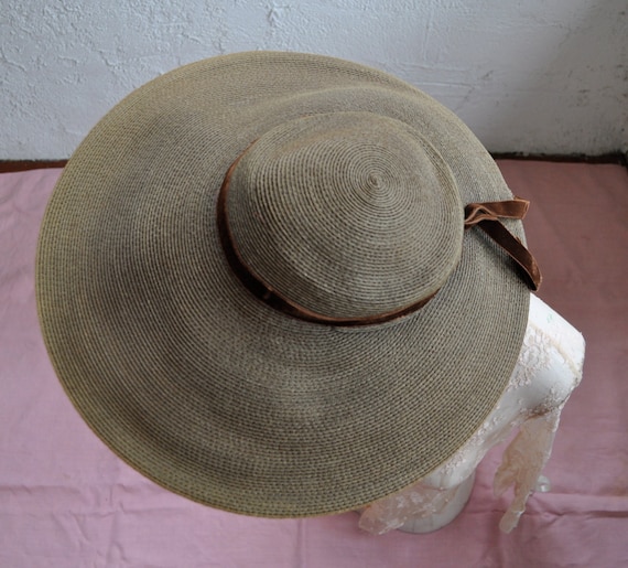 Vintage 40s Wide Brim Sun Hat/Dark Taupe Straw Pictur… - Gem