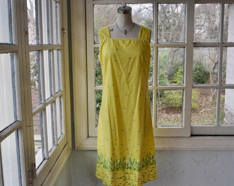 Sea Gulls & Cattails/Seaside Theme Vested Gentress Sun Dress/Vintage 1970s/Bright Yellow Aqua Blue Screen Print Cotton Tent Dress/M L