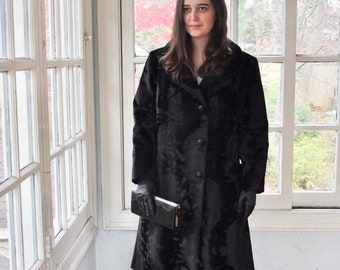 Rare Vtg 1960s Black Lambskin Fur Coat/Broadtail Lamb Fur Coat/Sleek Formal Evening Coat/Lou Nierenberg Designer Coat/M L