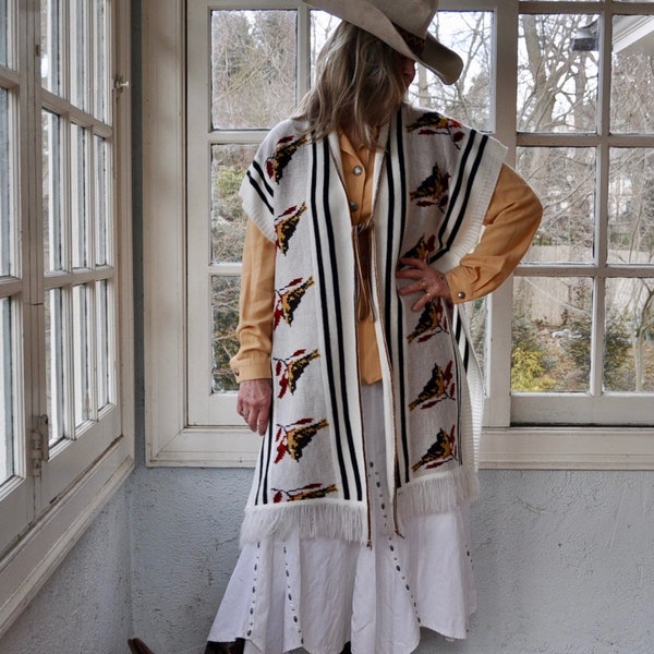 Knit Songbird Poncho/Vintage 1970s/Blue Rust Gold on White Graphics/Tie Front Fringe Bottom/Western Wear Poncho/OSFA