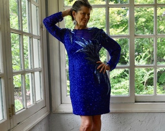 Royal Blue Sequin Glam Party Dress/Vintage 1980s 90s/A J Bari Beaded Silk Dress W Net Beaded Shoulders/Pageant Vegas Trophy/M L