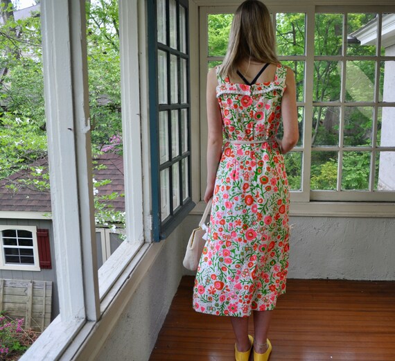 Vtg 70s Vested Gentress Cotton Sun DressBumblebee Novelty Print Midi DressBright Pink Orange Green Floral PrintGarden Party DressMedium
