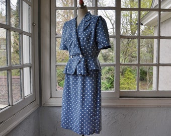 Blue and White Polka Dot Structured 2 Piece Dress Suit/Vintage 1980s Does 1940s/Peplum Waist Double Breasted Top W Skirt/Kentucky Derby/M L