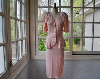 Peachy Pink 2 Piece Silky Knit Sumiko Skirt Suit/Vintage 1980s/Ribboned Statement Sleeves Peplum Waist/Linda Evans Style Power Dress/M L