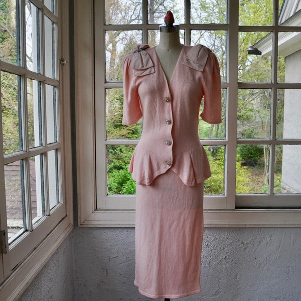 Peachy Pink 2 Piece Silky Knit Sumiko Skirt Suit/Vintage 1980s/Ribboned Statement Sleeves Peplum Waist/Linda Evans Style Power Dress/M L