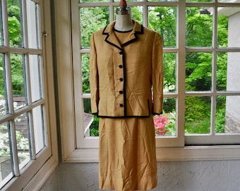 Simply Classic Vintage Adele Simpson Burlap Linen Suit/Honey Gold Dress and Jacket W Black Satin Trim and Buttons