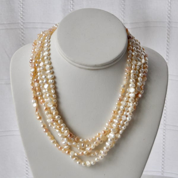 Vintage Five Strand Freshwater Pearl Necklace: Cream & Pink Tone Pearls, 20" Long