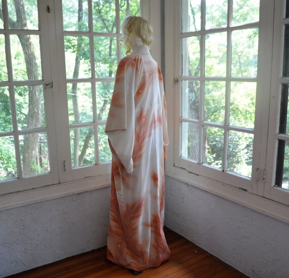 Feather Print Silk Kimono/Vintage c. 1970s/White … - image 5