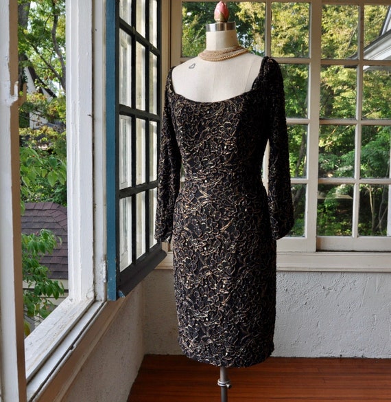 90s Vintage Gold Black Metallic Party Dress carmen Marc Valvo Body