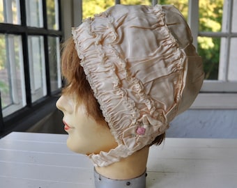 Antique Edwardian English Youth Bonnet/Blush Pink Rayon With Ruffles and Lace