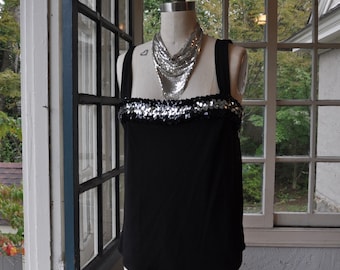 Black and Silver Sequin Vintage Tank Top/Vintage 1970s 80s/Sparkly Strappy Disco Party Blouse