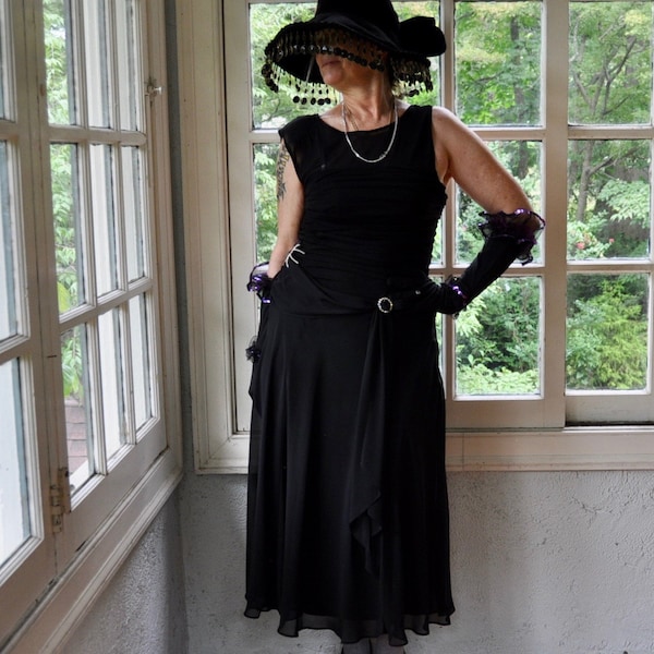Dramatically Draped Black Midi Dress/Vintage 1990s Does 1930s/Ruched Chiffon Gown Dress/Witchy Femme Fatale Dress/M