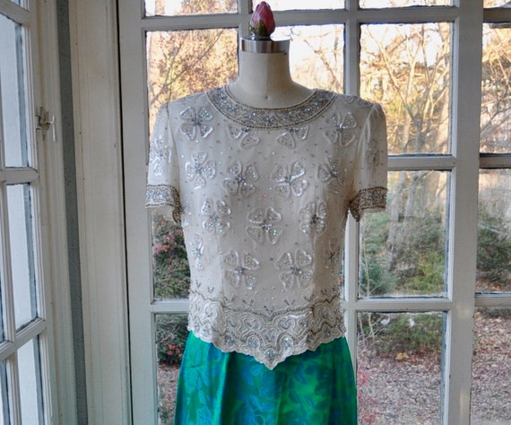 Silver Beaded Vintage Cream Silk Evening Top adrianna Papell