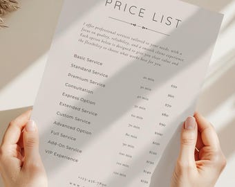 Price List Template, Minimalist Pricing Guide, Canva Editable Service Sign, One Page Service and Packages for Clients, Business Workflow