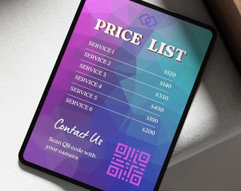 Price List Template, Purple Pricing Guide, Canva Editable Service Sign, One Pink Page Service Options for Clients with QR Code and Contacts