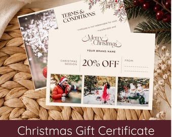 Photography Christmas Gift Certificate, Editable Canva Template, Holiday Elegant Voucher for Photographer Clients, Photo Session Gift Card