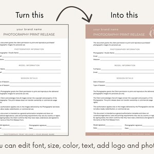 K&ouml;nnte beinhalten: Eine Vorlage f&uuml;r ein Fotodruck-Freigabeformular mit Abschnitten f&uuml;r Fotografeninformationen, Modellinformationen und Sitzungsdetails. Das Dokument enth&auml;lt Textfelder f&uuml;r Namen, Daten und Unterschriften sowie eine anpassbare Kopf- und Fu&szlig;zeile.