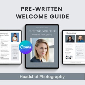 May include: A digital template set titled PRE-WRITTEN WELCOME GUIDE for headshot photography. The display shows three pages featuring text, a Canva logo, and photographs of individuals. The layout includes sections for booking, planning, and what to wear.