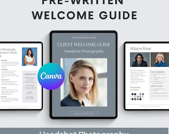 Headshot Fotografie Willkommensleitfaden für Kunden, bearbeitbare Canva-Vorlage für fertige Texte, Kunden-Onboard-Paket für Fotografen, Geschäftsfoto