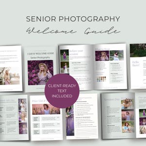 Peut inclure: Un modèle de guide d'accueil pour la photographie senior présentant plusieurs pages avec des mises en page, des exemples de photos et des sections de texte. Le document inclut des titres comme Senior Photography Welcome Guide.