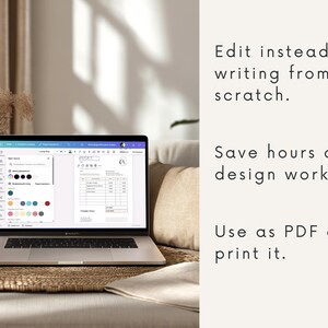 K&ouml;nnte beinhalten: Ein silberner Laptop mit einer digitalen Dokumentenbearbeitungsoberfl&auml;che auf dem Bildschirm. Der Text rechts lautet: Edit instead of writing from scratch. Save hours of design work. Use as PDF or print it. Der Laptop steht auf einer geflochtenen Matte.
