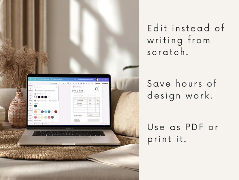 K&ouml;nnte beinhalten: Ein silberner Laptop mit einer digitalen Dokumentenbearbeitungsoberfl&auml;che auf dem Bildschirm. Der Text rechts lautet: Edit instead of writing from scratch. Save hours of design work. Use as PDF or print it. Der Laptop steht auf einer geflochtenen Matte.
