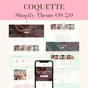 May include: A digital display of the Coquette Shopify Theme OS 2.0, showcasing a website layout with a soft pink and light green colour palette. The design features sections for categories, blog posts, and an FAQ, presented on both desktop and mobile.