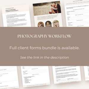 K&ouml;nnte beinhalten: Ein Fotografie-Workflow-Paket bestehend aus mehreren wei&szlig;en Dokumentvorlagen mit schwarzem Text, darunter ein Kundenvertrag, eine Model-Release-Vereinbarung und ein Formular f&uuml;r Sitzungsdetails mit beigen Kopfzeilen.