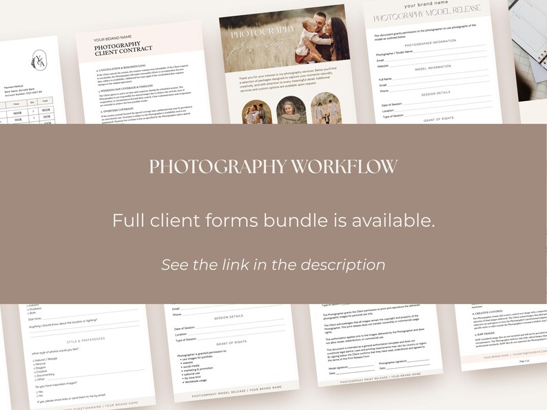 K&ouml;nnte beinhalten: Ein Fotografie-Workflow-Paket bestehend aus mehreren wei&szlig;en Dokumentvorlagen mit schwarzem Text, darunter ein Kundenvertrag, eine Model-Release-Vereinbarung und ein Formular f&uuml;r Sitzungsdetails mit beigen Kopfzeilen.