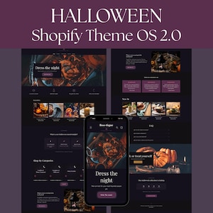 May include: A digital display of a Halloween Shopify Theme OS 2.0, featuring a dark purple and black color scheme. The layout includes website mockups for desktop and mobile, showcasing product categories, customer reviews, and seasonal imagery.