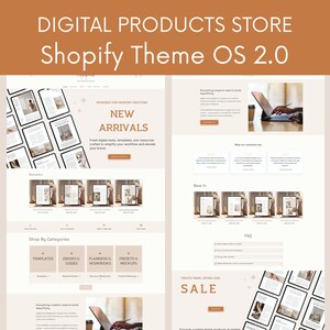Op de afbeelding: Een Shopify Theme OS 2.0 website-indeling voor een winkel in digitale producten met een beige en wit kleurenschema, inclusief secties voor nieuwe aankomsten, bestsellers, categorieën, klantbeoordelingen en een FAQ-sectie.