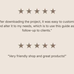 K&ouml;nnte beinhalten: Eine Kundenbewertungsgrafik mit zwei Reihen von f&uuml;nf braunen Sternen. Der Text lautet: After downloading the project, it was easy to customize and alter it to my needs, which is to use this guide as a follow-up to clients. Very friendly shop and great products!