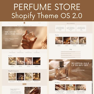 Parfym Shopify-tema OS 2.0, mall för webbplats för parfymbutik, minimalistiskt beigebrunt tema för Shopify-butik, gratis installation och konfiguration